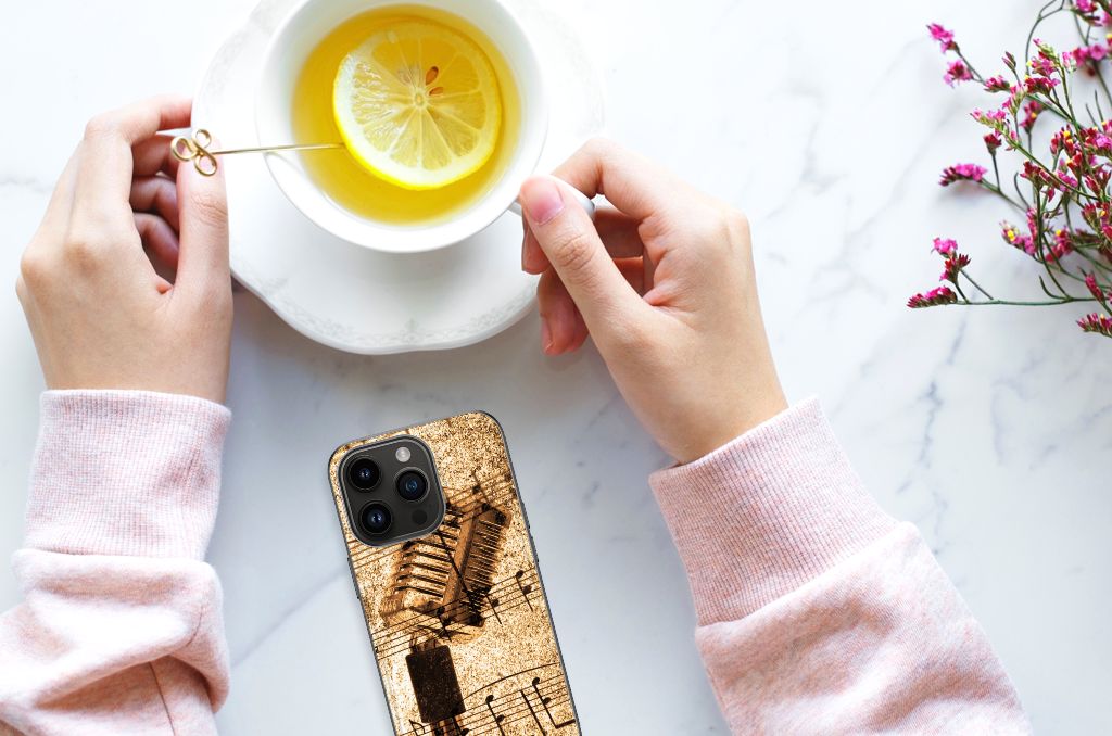 Apple iPhone 15 Pro Silicone Back Case Bladmuziek vintage ontwerp bovenaanzicht