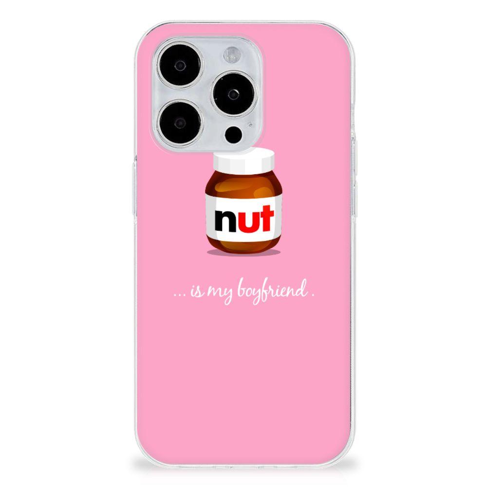 iPhone 15 Pro Siliconen Case Nut Boyfriend met schattige nut pot illustratie op roze achtergrond.