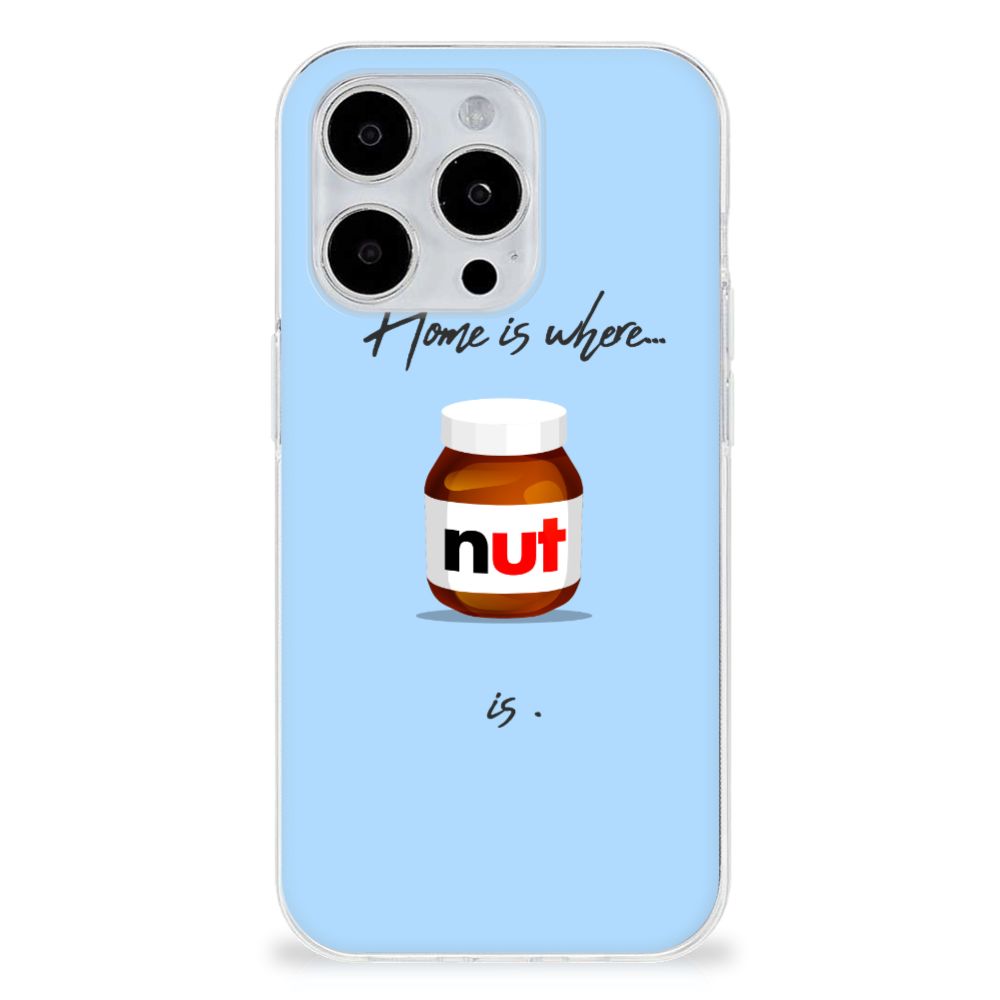 iPhone 15 Pro Siliconen Case Nut Home tpu case met chocoladepasta illustratie blauwe achtergrond