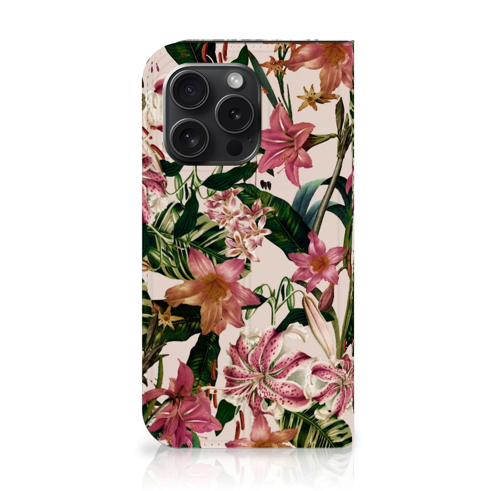 iPhone 15 Pro Smart Cover Flowers met kleurrijke bloemen en bladeren, perfect voor stijl en bescherming 🌸