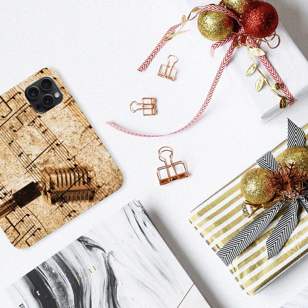 iPhone 15 Pro Stand Case Bladmuziek met bladmuziek design en feestelijke decoraties.