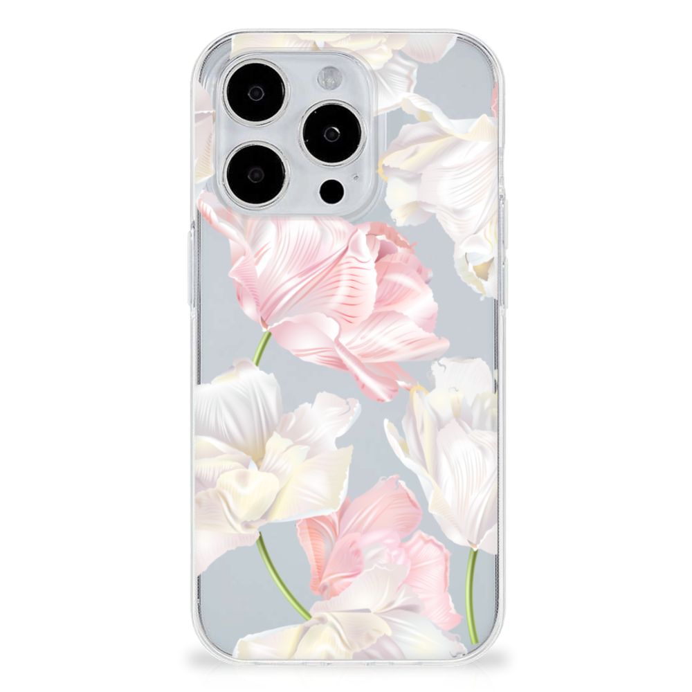 iPhone 15 Pro TPU Case Lovely Flowers met elegante witte en roze bloemen 🌸 op een transparante achtergrond.