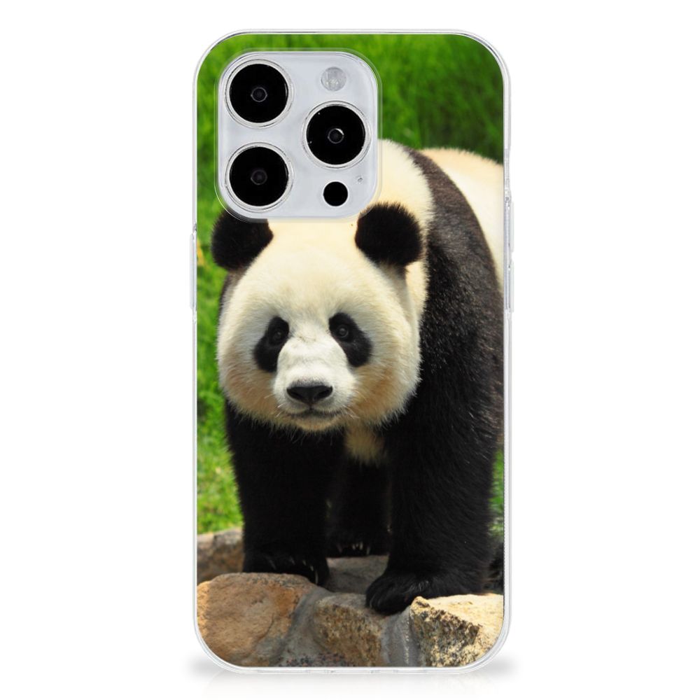 iPhone 15 Pro TPU Hoesje Panda met schattige panda afbeelding op een transparante achtergrond.