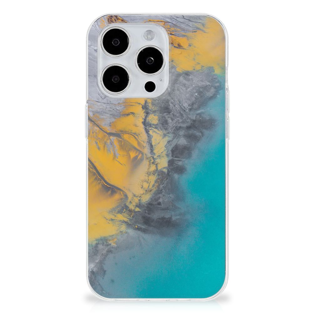 iPhone 15 Pro TPU Siliconen Hoesje Marble Blue Gold achterkant marmer blauw goud