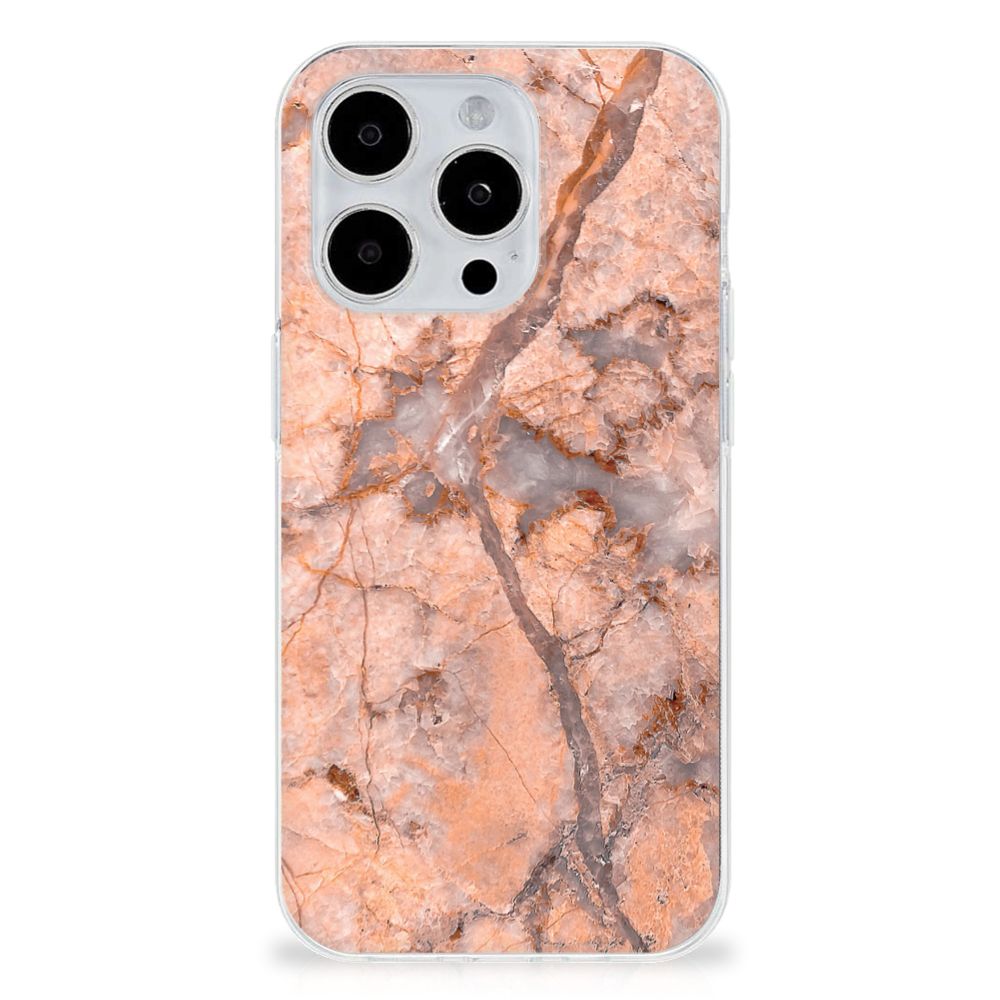 iPhone 15 Pro TPU Siliconen Hoesje Marmer Oranje met een prachtig marmerdesign en lichtval.