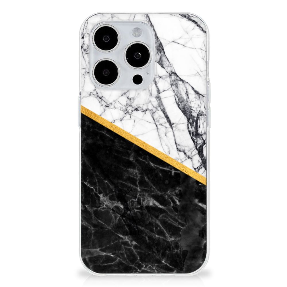 iPhone 15 Pro TPU Siliconen Hoesje Marmer Wit Zwart - Origineel Cadeau Man met elegant zwartwit marmer design.