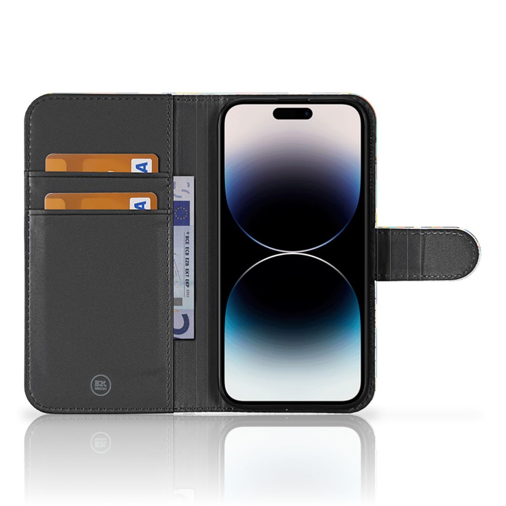 iPhone 15 Pro Telefoon Hoesje Funky Retro met pasjeshouder, zwart design en moderne look.