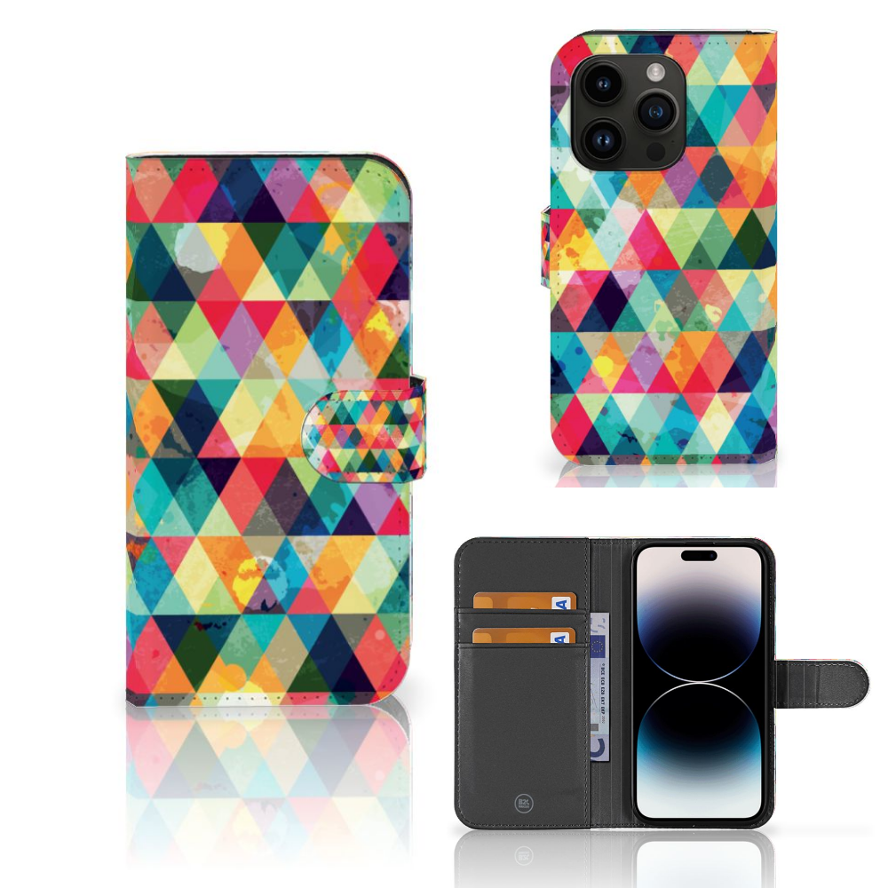 iPhone 15 Pro Telefoon Hoesje Geruit met kleurrijke ruitjes en ruimte voor 3 pasjes. Perfecte boekcase voor jouw smartphone! 🌈