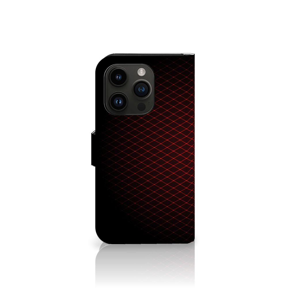 iPhone 15 Pro Telefoon Hoesje Geruit Rood met minimalistisch ontwerp en ruimte voor 3 pasjes.