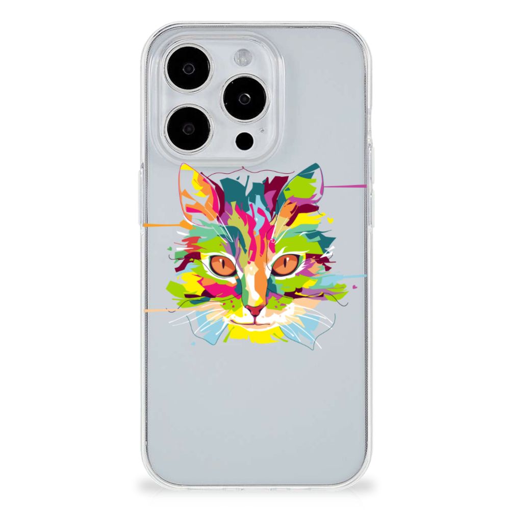 iPhone 15 Pro Telefoonhoesje met Naam Cat Color - kleurrijk kattenontwerp met flexibele rubberen achterkant.