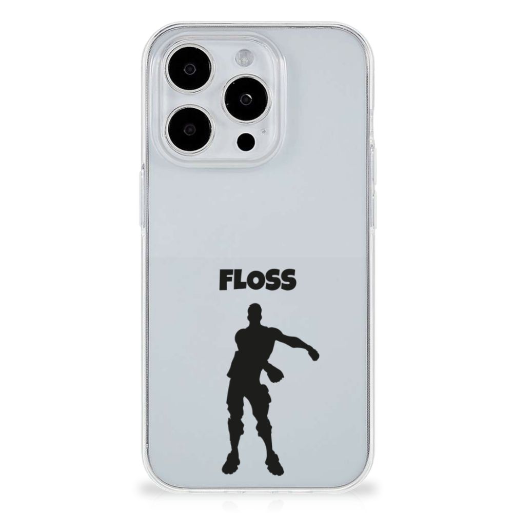 iPhone 15 Pro Telefoonhoesje met Naam Floss, flexibel rubber met transparante randen, uniek design 🎨.