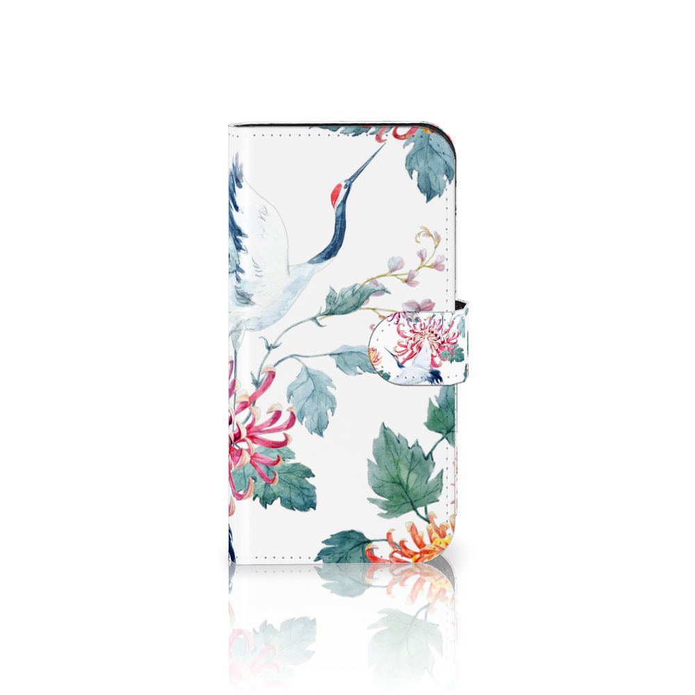 iPhone 15 Pro Telefoonhoesje met Pasjes Bird Flowers met kleurrijke ooievaar en bloemenprint.