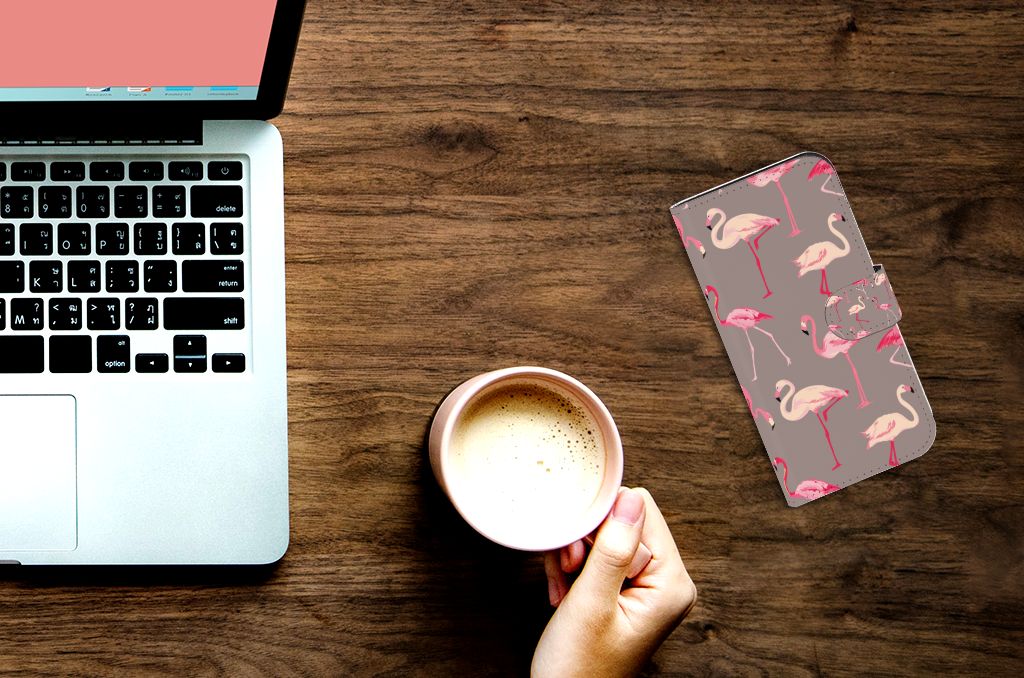 Apple iPhone 15 Pro Telefoonhoesje met Pasjes Flamingo design flamingo aanzicht
