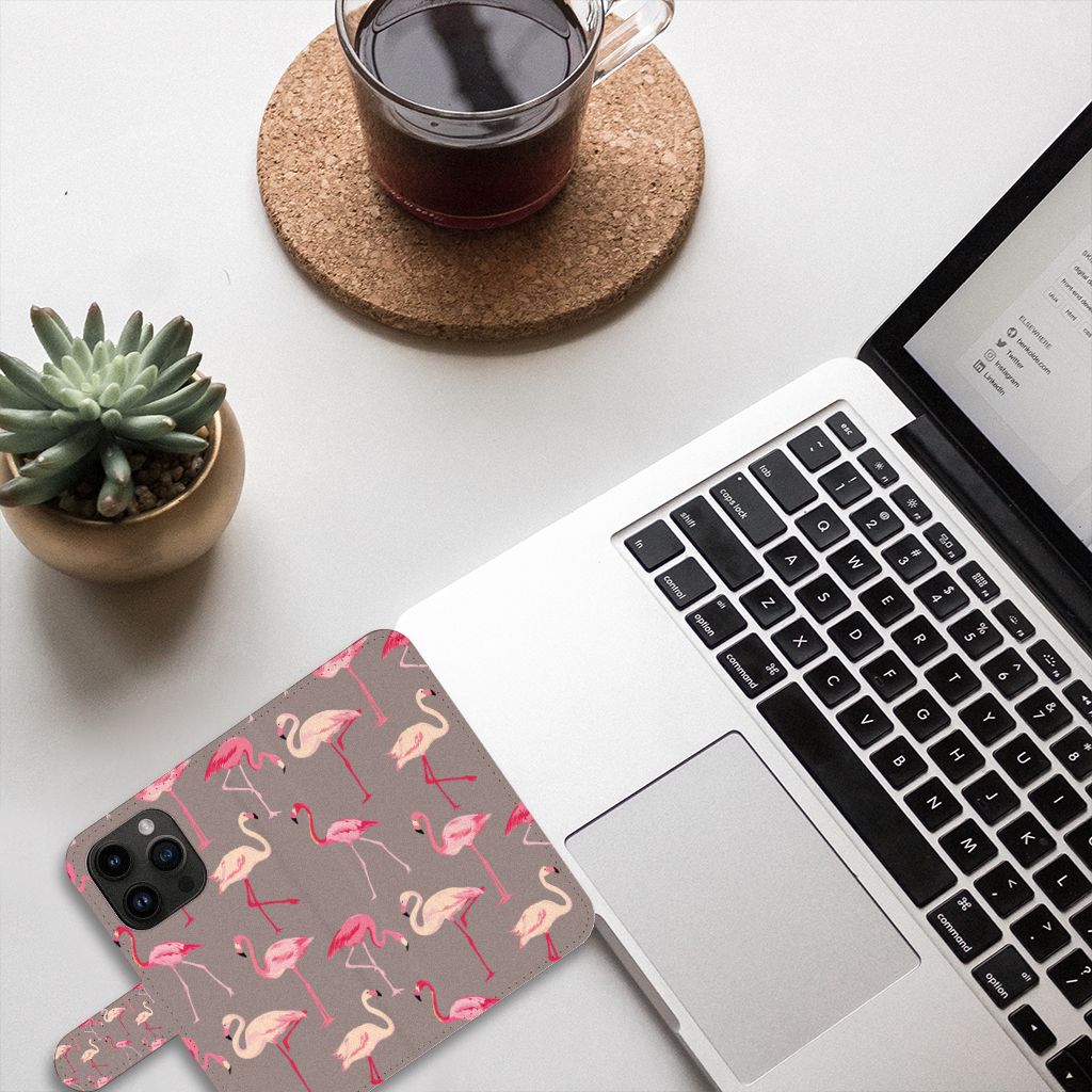 iPhone 15 Pro Telefoonhoesje met Pasjes Flamingo design flamingo bovenaanzicht