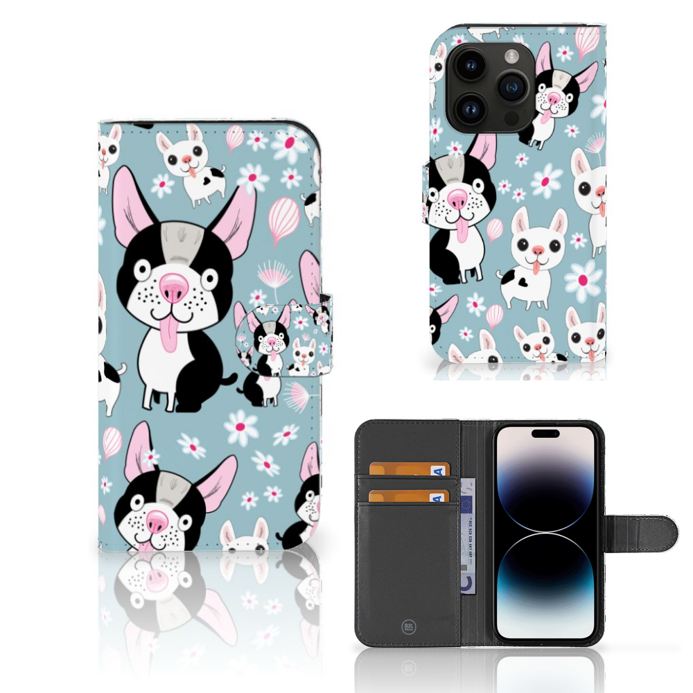 iPhone 15 Pro Telefoonhoesje met Pasjes Hondjes met schattige cartoon hondjes en bloemen op een blauwe achtergrond 🐶.