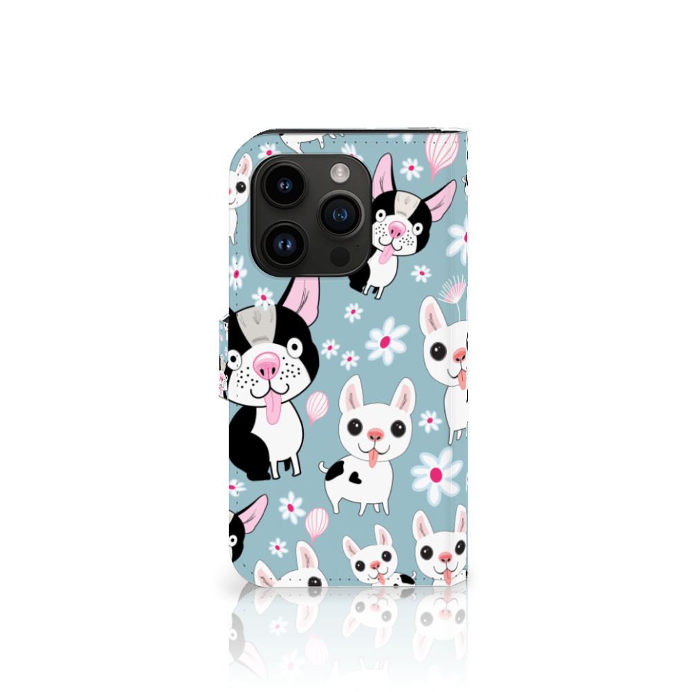 iPhone 15 Pro Telefoonhoesje met Pasjes Hondjes met schattige cartoon hondjes op een blauwe achtergrond 🐶