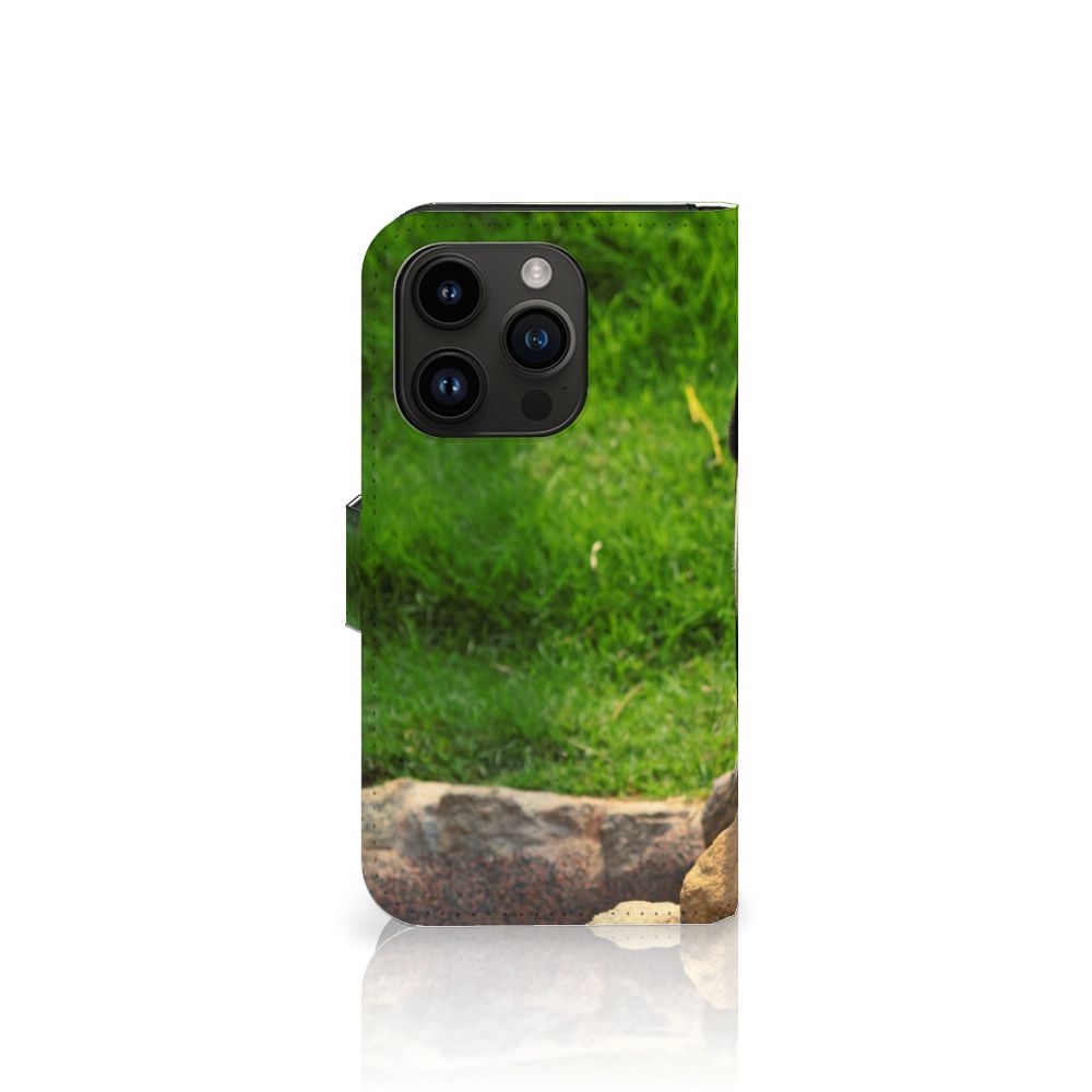 iPhone 15 Pro Telefoonhoesje met Pasjes Panda met een grafisch ontwerp van schattige panda's op een groene achtergrond.