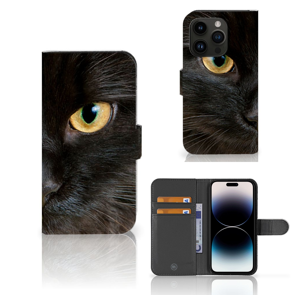 iPhone 15 Pro Telefoonhoesje met Pasjes Zwarte Kat, met opvallend ontwerp van een zwarte kat met gele ogen 🐱.