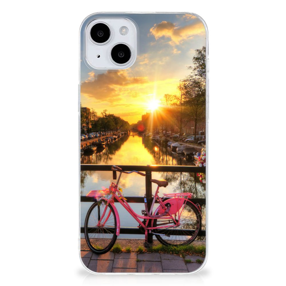 iPhone 15 Siliconen Back Cover Amsterdamse Grachten fiets op brug zonsondergang