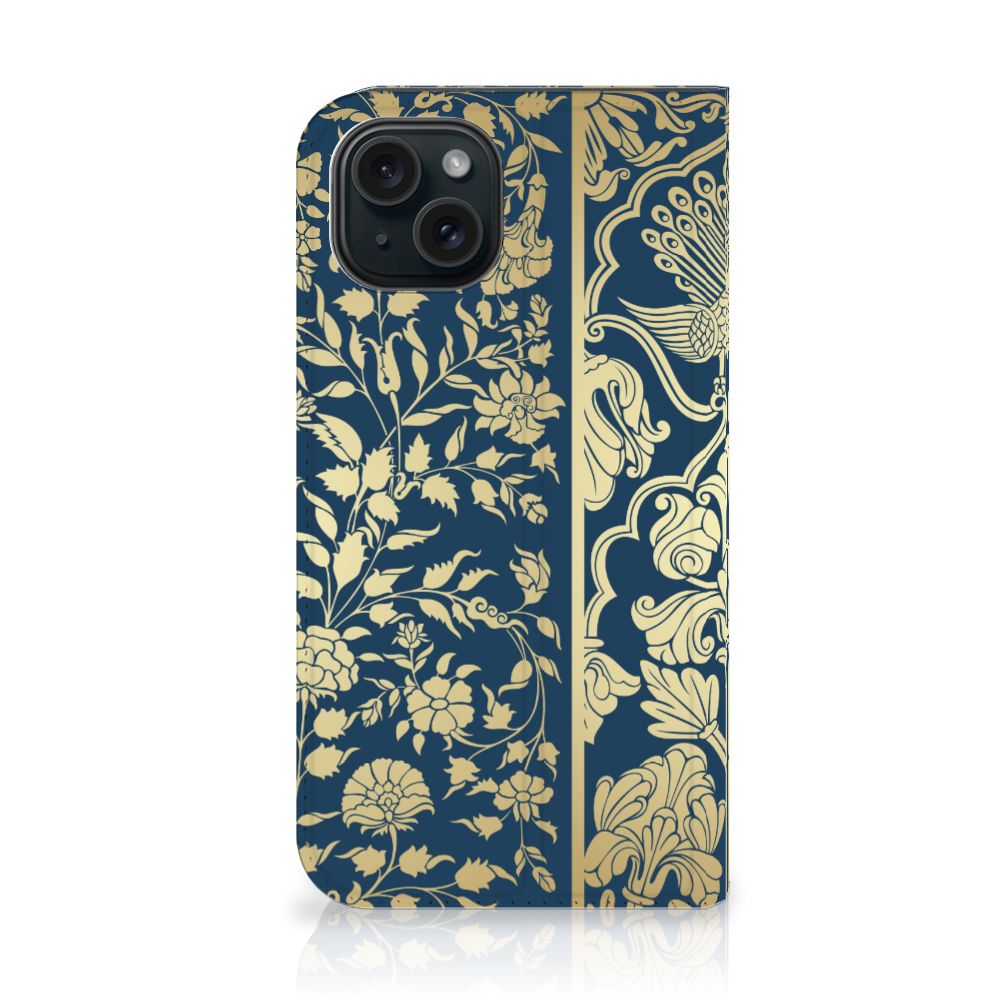 iPhone 15 Smart Cover Beige Flowers met elegante bloemen op een donkerblauwe achtergrond 🌸