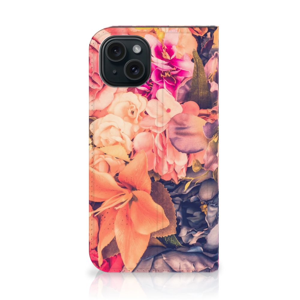 iPhone 15 Smart Cover Bosje Bloemen met kleurrijke bloemenprints in oranje, paarse en roze tinten.