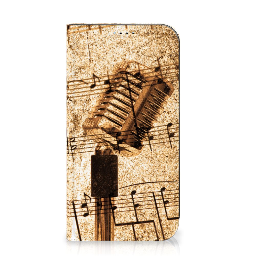 iPhone 15 Stand Case Bladmuziek met vintage microfoon en muzieknotenschema 🎤