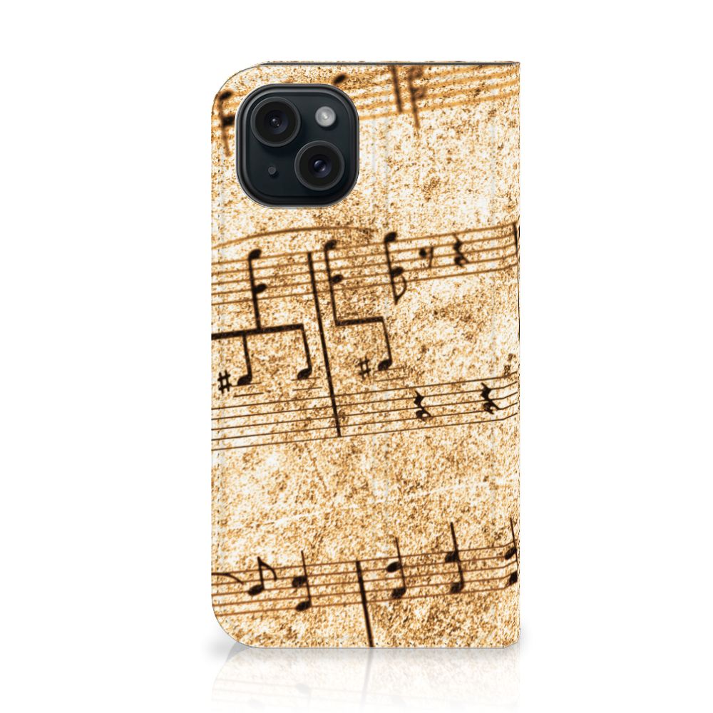 iPhone 15 Stand Case Bladmuziek met een vintage muzieknoten ontwerp, perfect voor muzikanten.