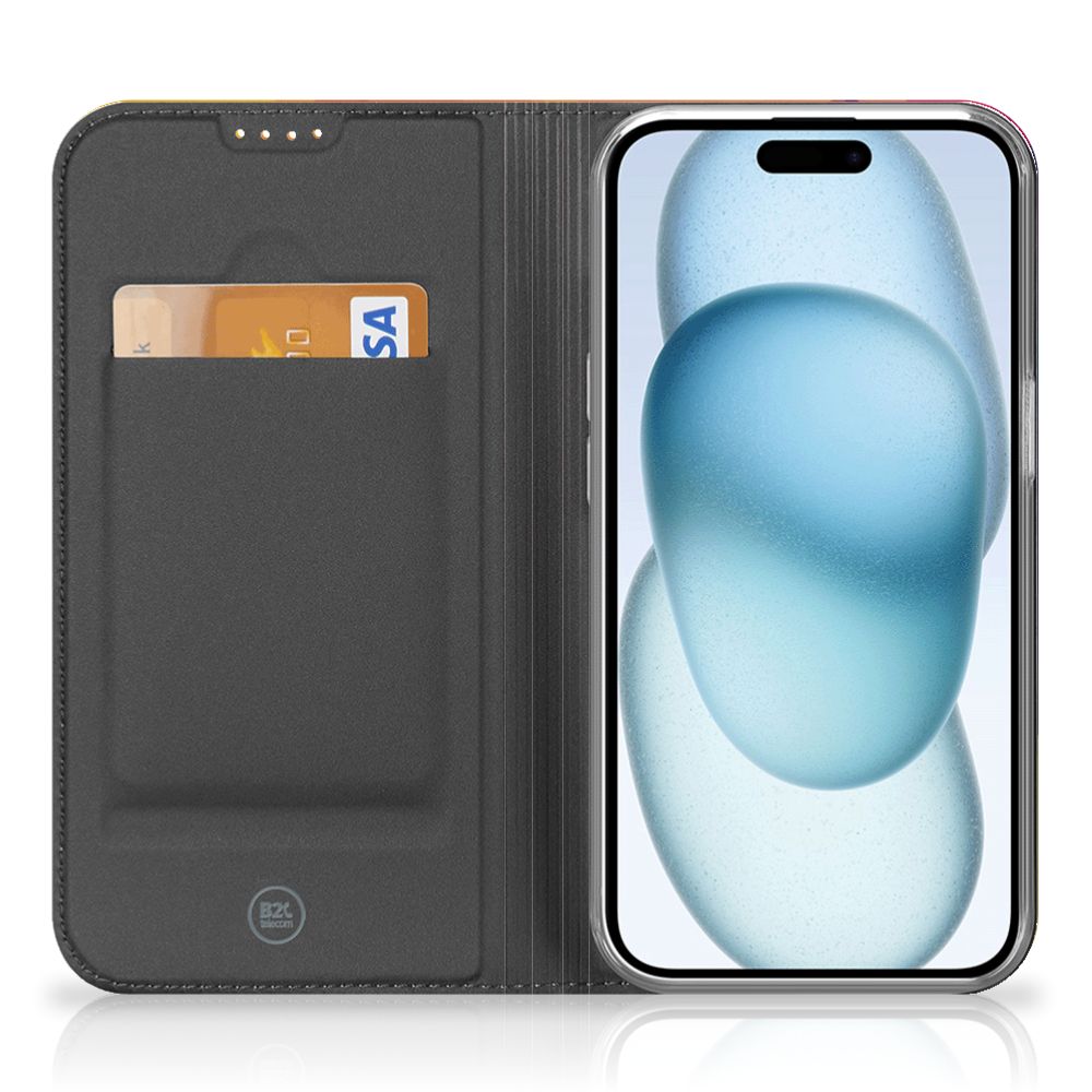 iPhone 15 Stand Case Polygon Color hoesje met pasjeshouder binnenkant smartphone aanzicht