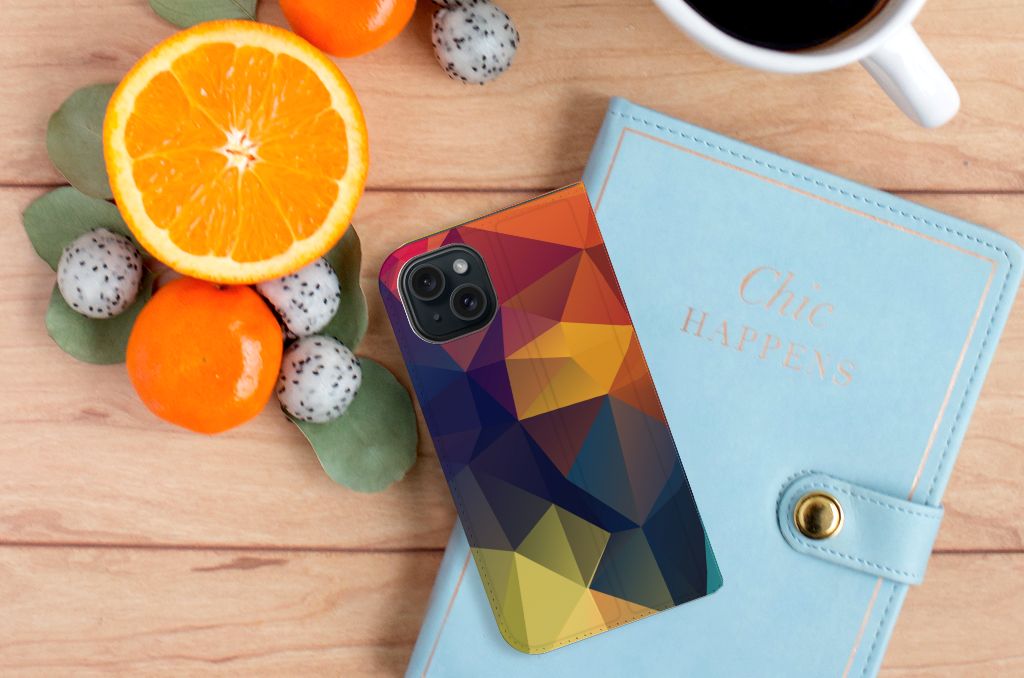 iPhone 15 Stand Case Polygon Color kleurrijk geometrisch abstract ontwerp aanzicht