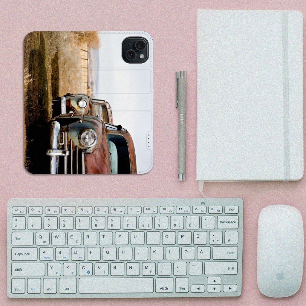 iPhone 15 Stand Case Vintage Auto boekhoesje vintage auto bovenaanzicht