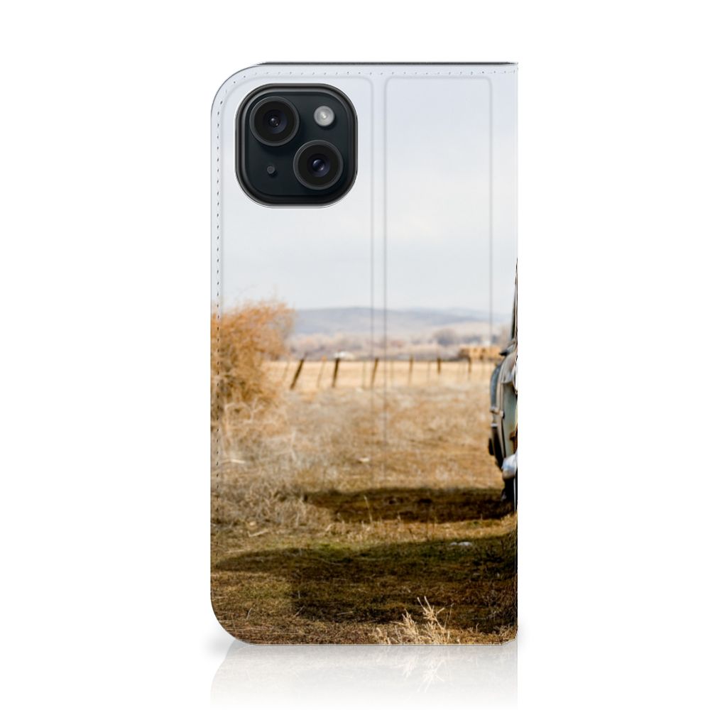 iPhone 15 Stand Case Vintage Auto boekhoesje vintage auto aanzicht