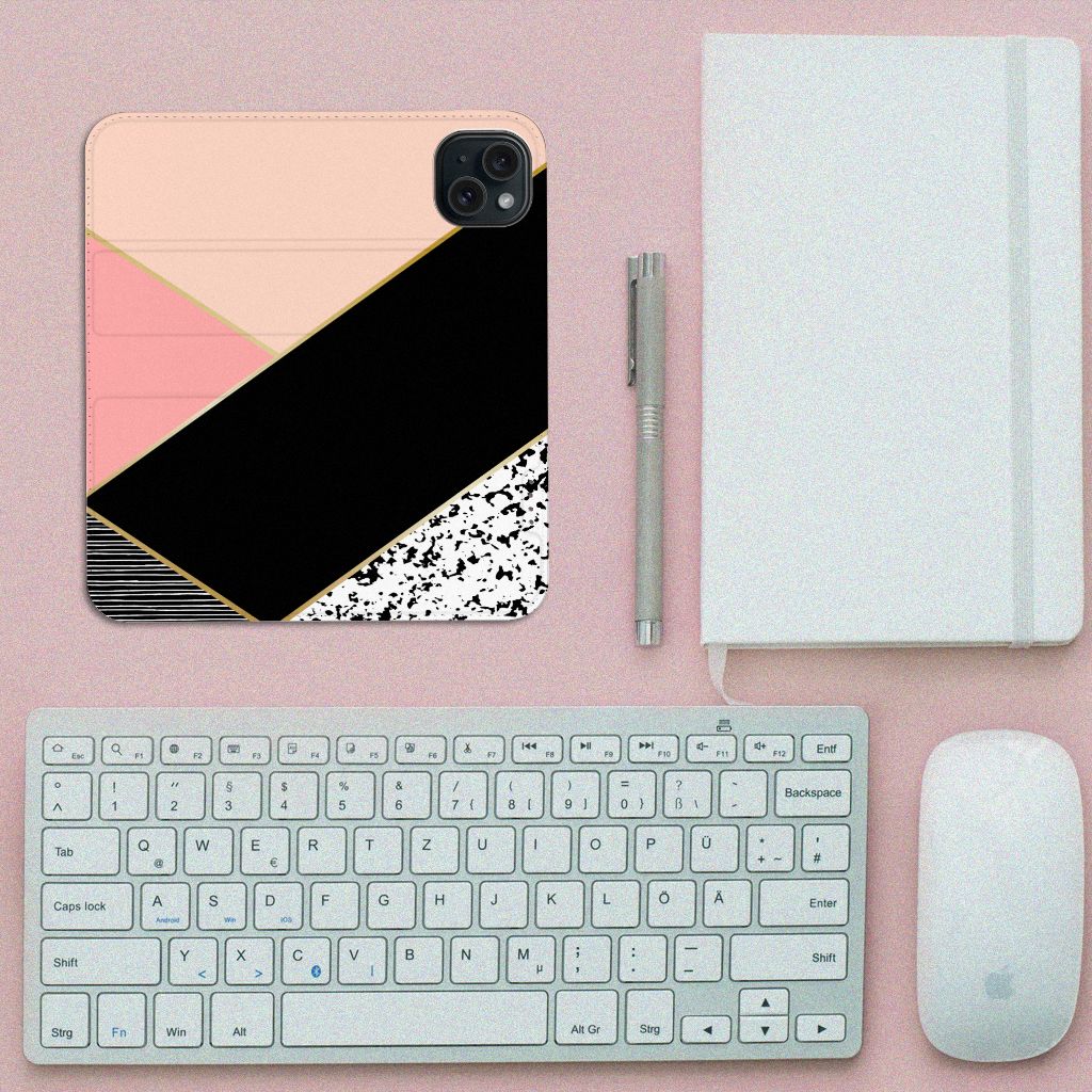 iPhone 15 Stand Case Zwart Roze Vormen design zwart roze aanzicht