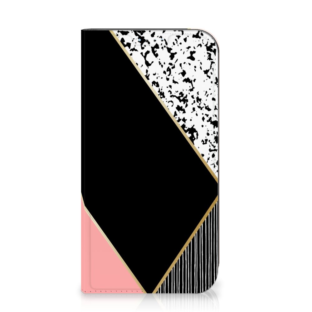 Apple iPhone 15 Stand Case Zwart Roze Vormen design zwart roze geometrisch