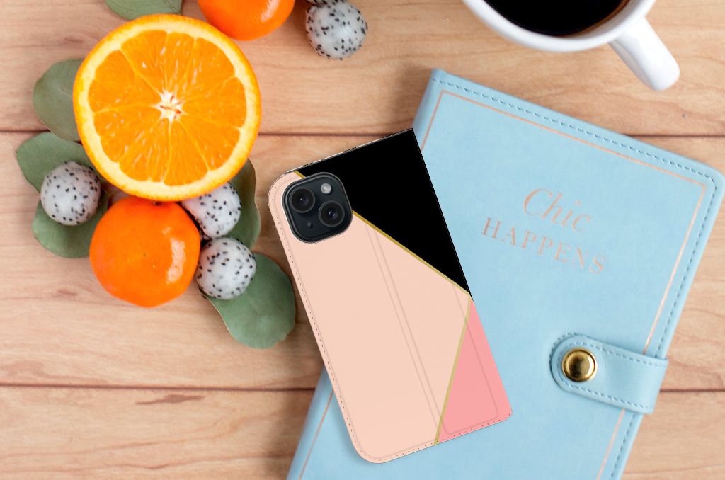 iPhone 15 Stand Case Zwart Roze Vormen design zwart roze aanzicht