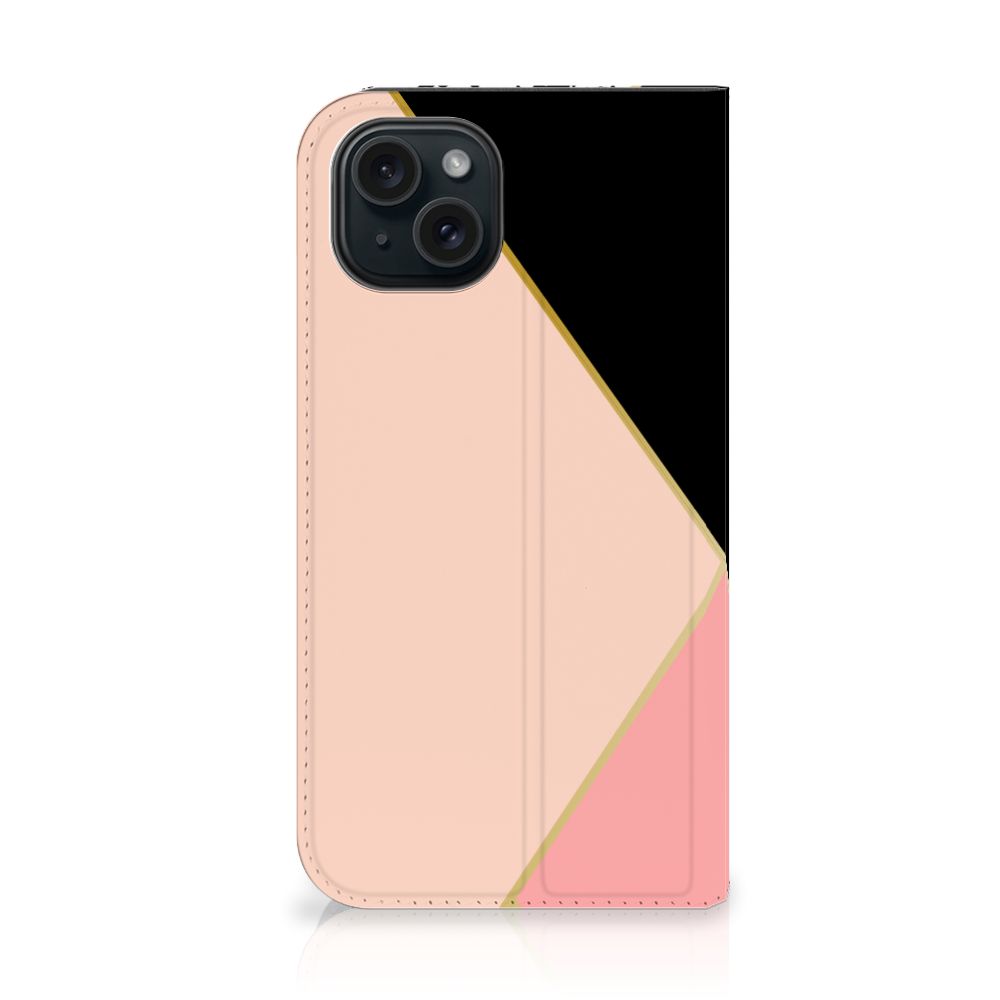 iPhone 15 Stand Case Zwart Roze Vormen design roze zwart aanzicht