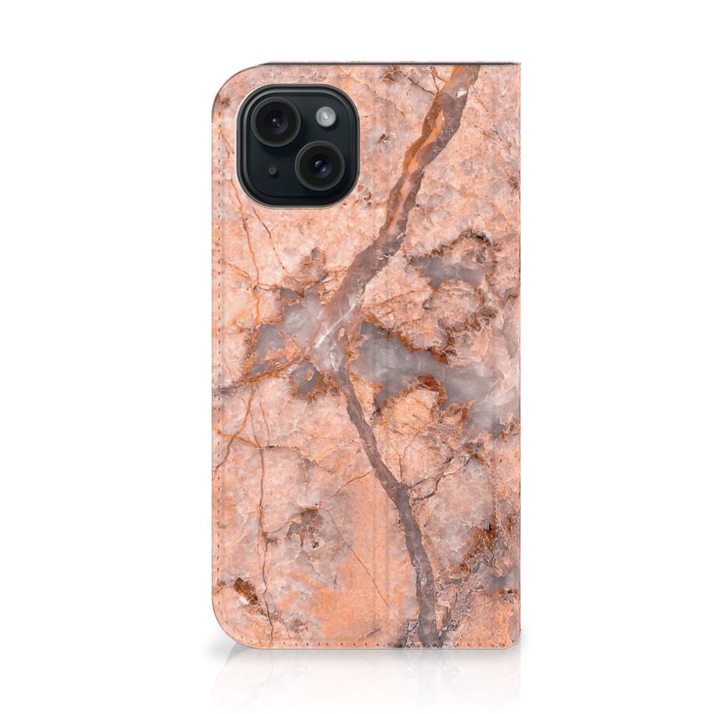 iPhone 15 Standcase Marmer Oranje met prachtig marmerdesign, ideaal voor jouw kostbare telefoon.