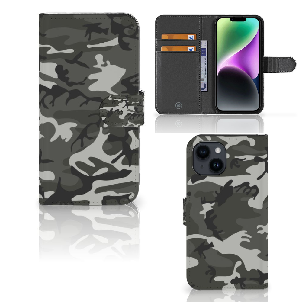 iPhone 15 Telefoon Hoesje Army Light met camouflage print, inclusief ruimte voor pasjes, stevig en stijlvol