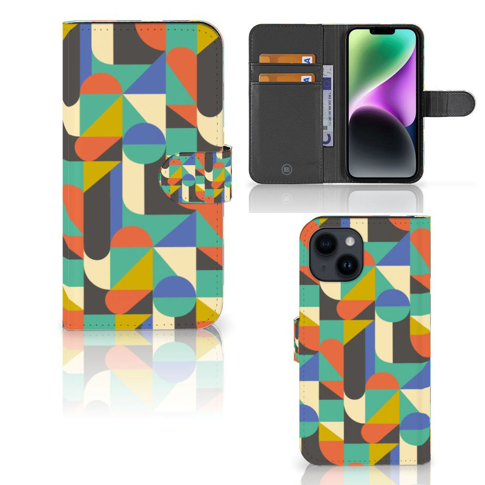 iPhone 15 Telefoon Hoesje Funky Retro met kleurrijk geometrisch patroon en pasjeshouder 🎨