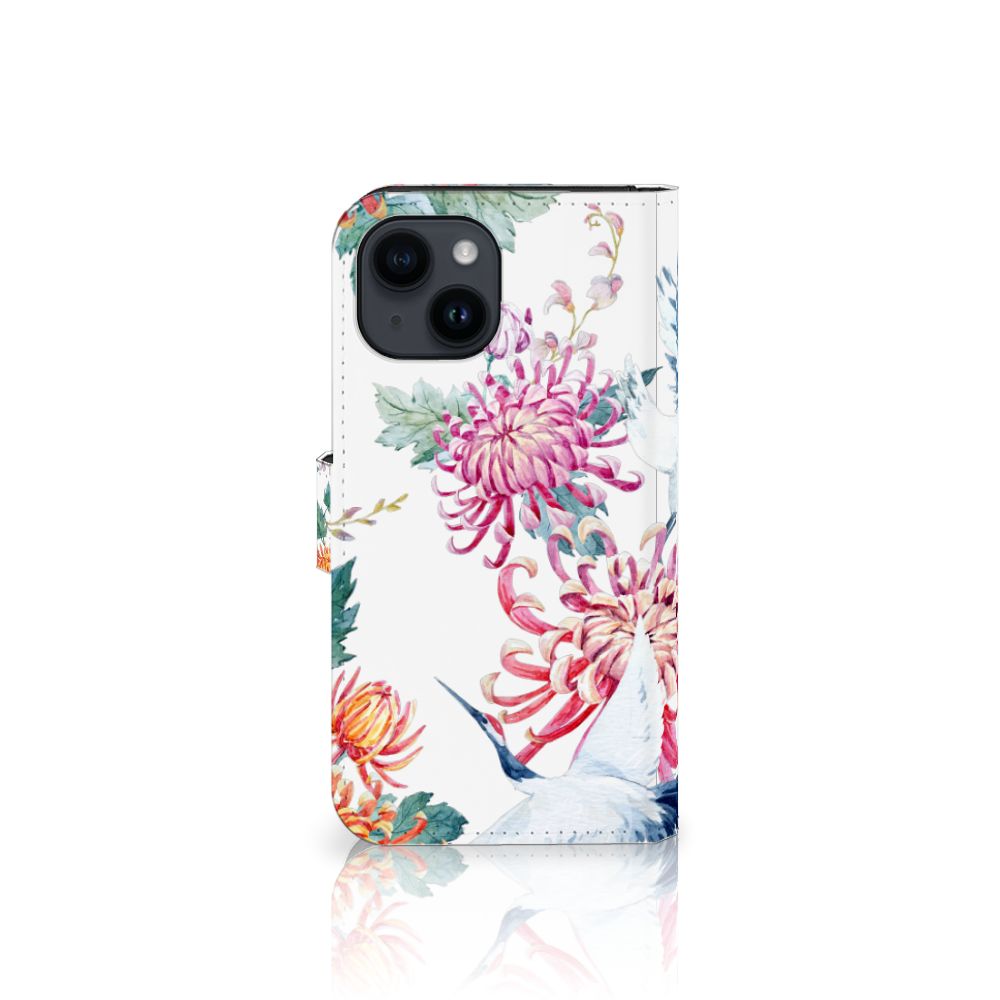 iPhone 15 Telefoonhoesje met Pasjes Bird Flowers met kleurrijke bloemen en ooievaars 🎨