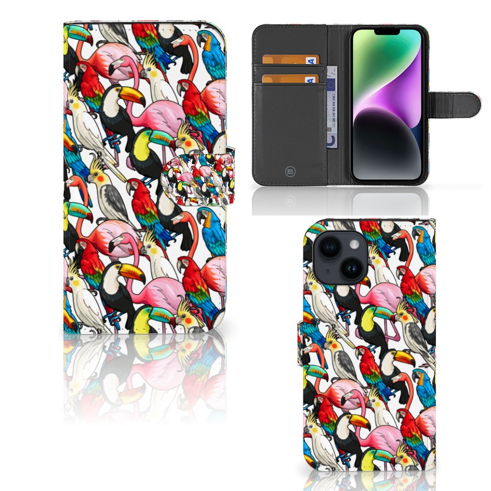 iPhone 15 Telefoonhoesje met Pasjes Birds met kleurrijke vogels zoals flamingo's en toekans 🌺