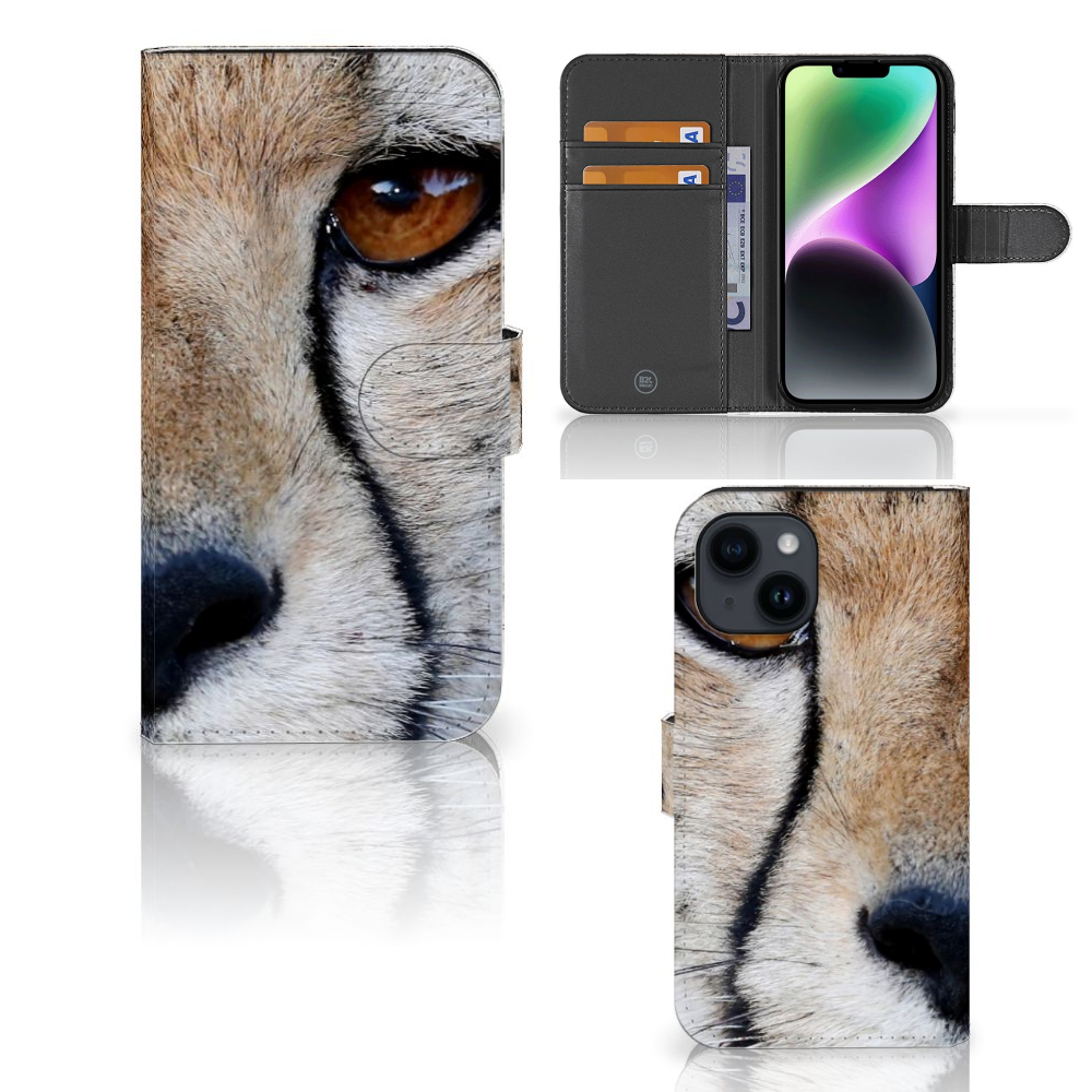 iPhone 15 Telefoonhoesje met Pasjes Cheetah met close-up van cheeta gezicht en ruimte voor 3 pasjes.
