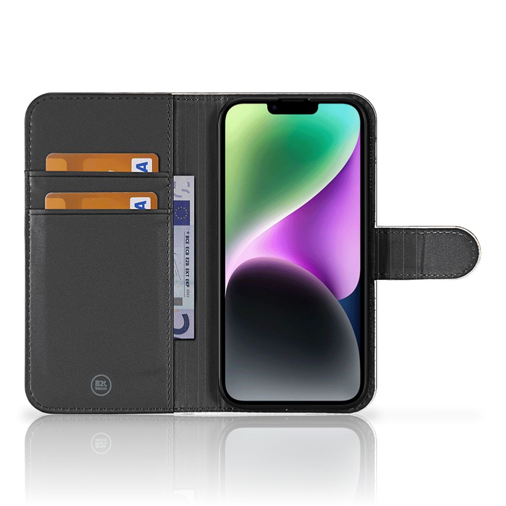 iPhone 15 Telefoonhoesje met Pasjes Leeuw met magnetische sluitclip en drie kaartsleuven