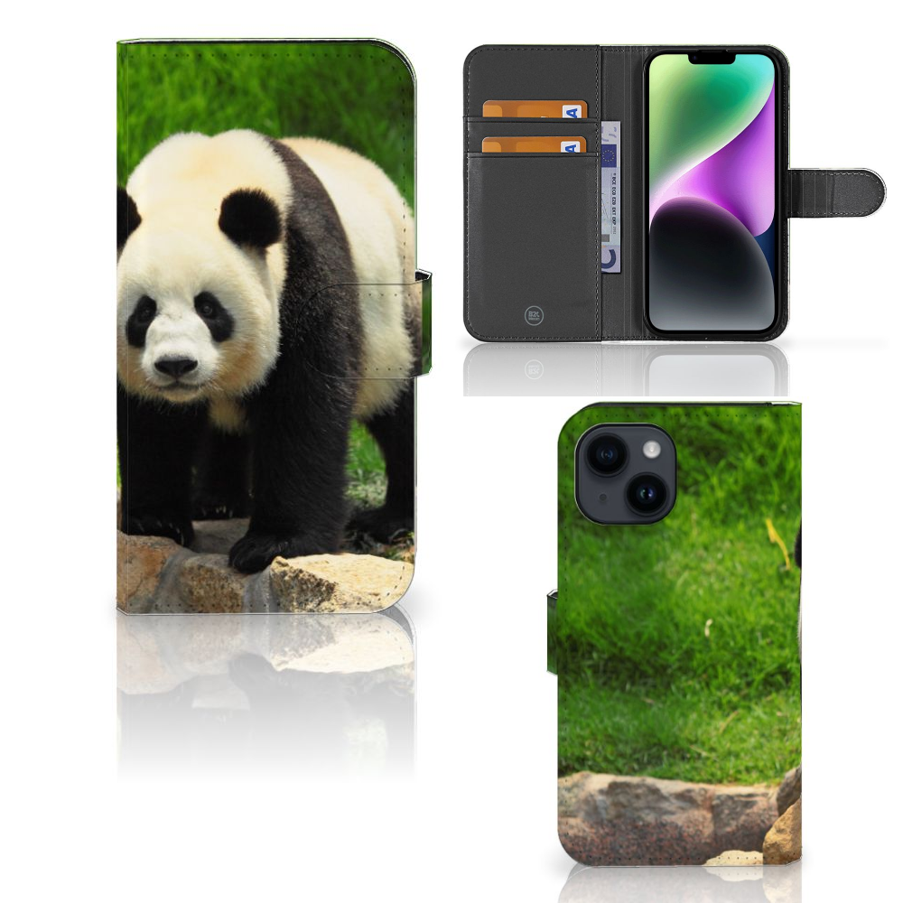 iPhone 15 Telefoonhoesje met Pasjes Panda panda design voorkant zijkant achterkant