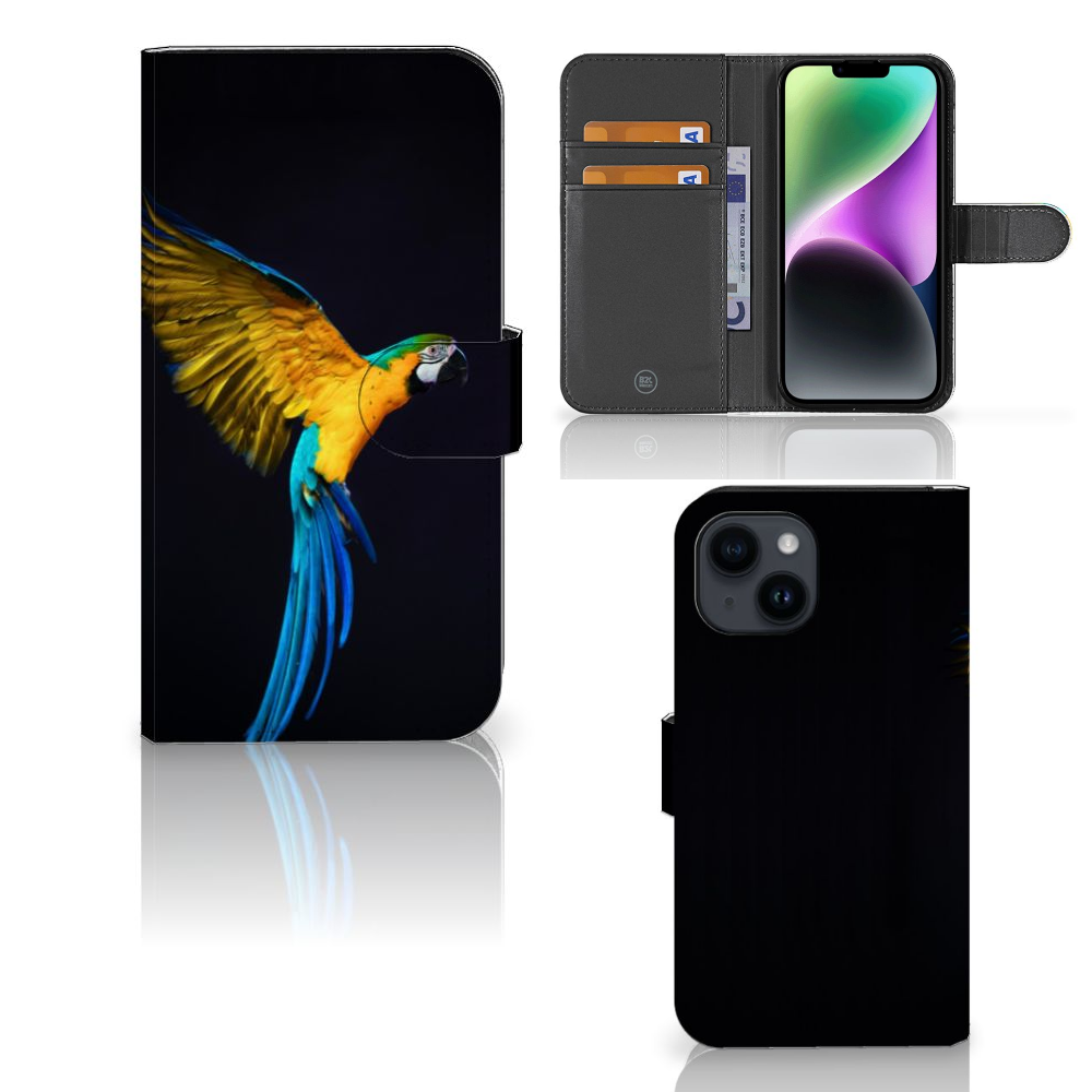 iPhone 15 Telefoonhoesje met Pasjes Papegaai, prachtig ontwerp met kleurrijke papegaai, ideaal voor bescherming & stijl.