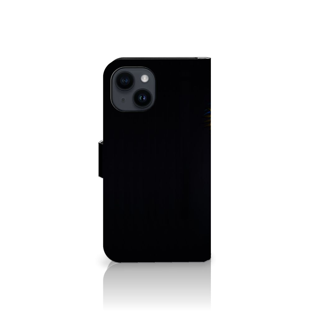 iPhone 15 Telefoonhoesje met Pasjes Papegaai, zwart, stijlvolle bescherming voor je smartphone.