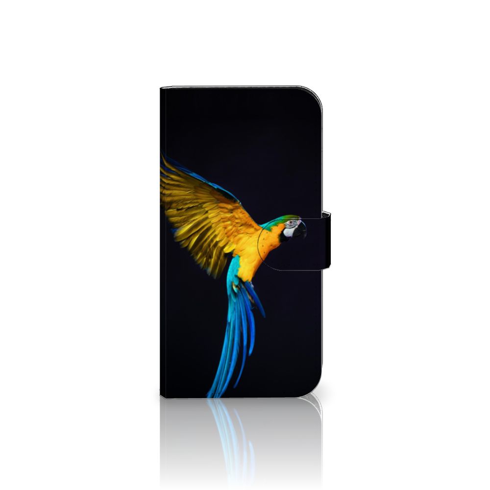 iPhone 15 Telefoonhoesje met Pasjes Papegaai met kleurrijke papegaai afbeelding 🦜 op zwarte achtergrond.