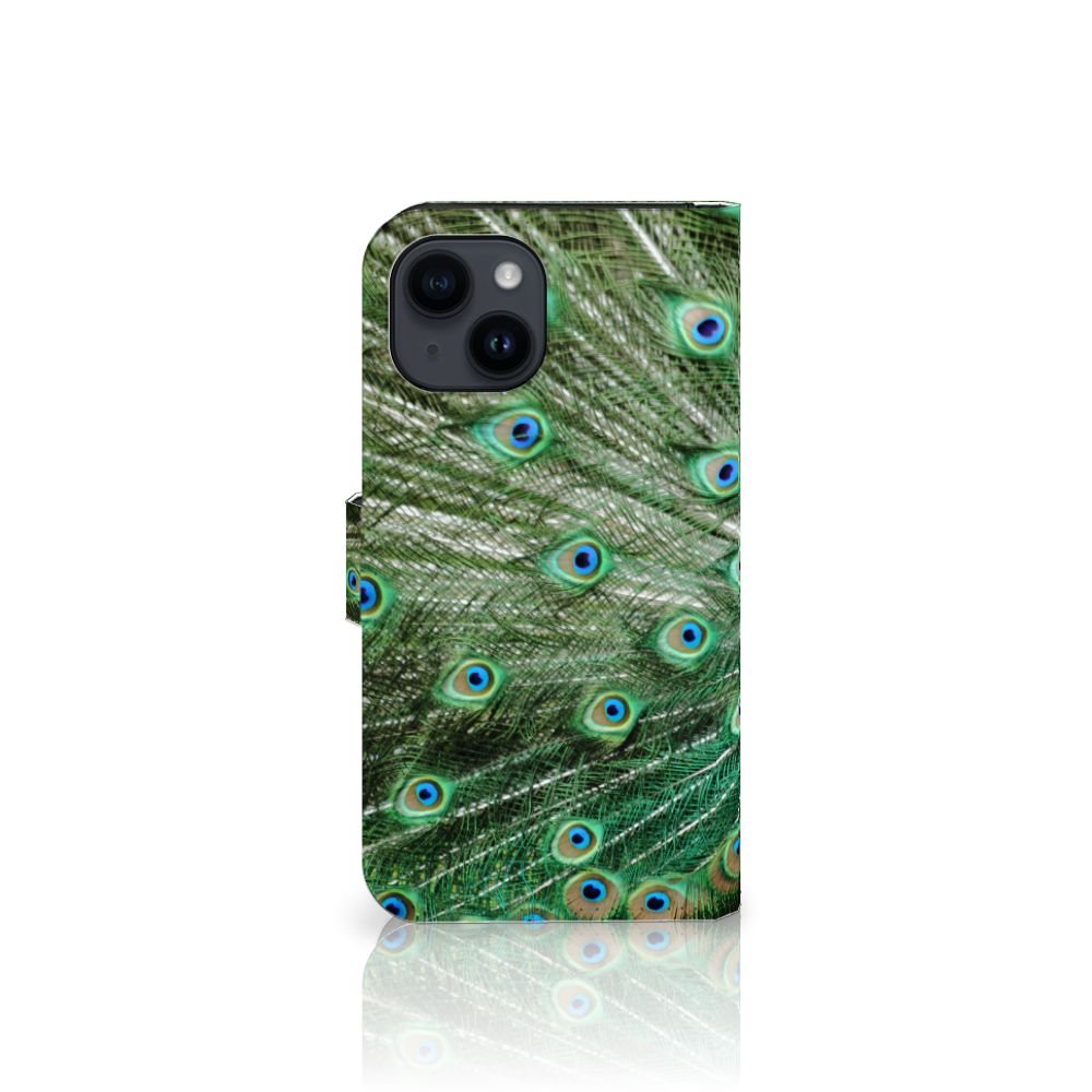 iPhone 15 Telefoonhoesje met Pasjes Pauw in groen met prachtige pauwenveren design 🦚