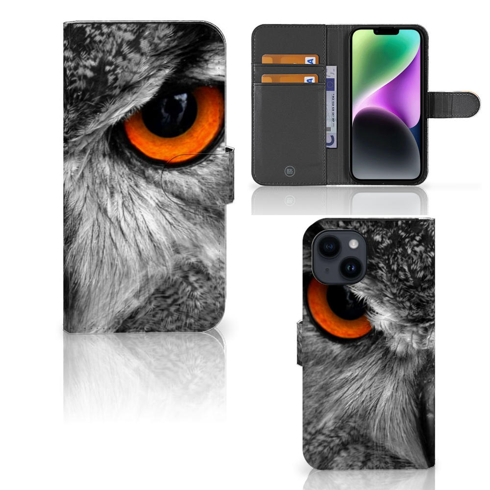 iPhone 15 Telefoonhoesje met Pasjes Uil uil design voorkant zijkant