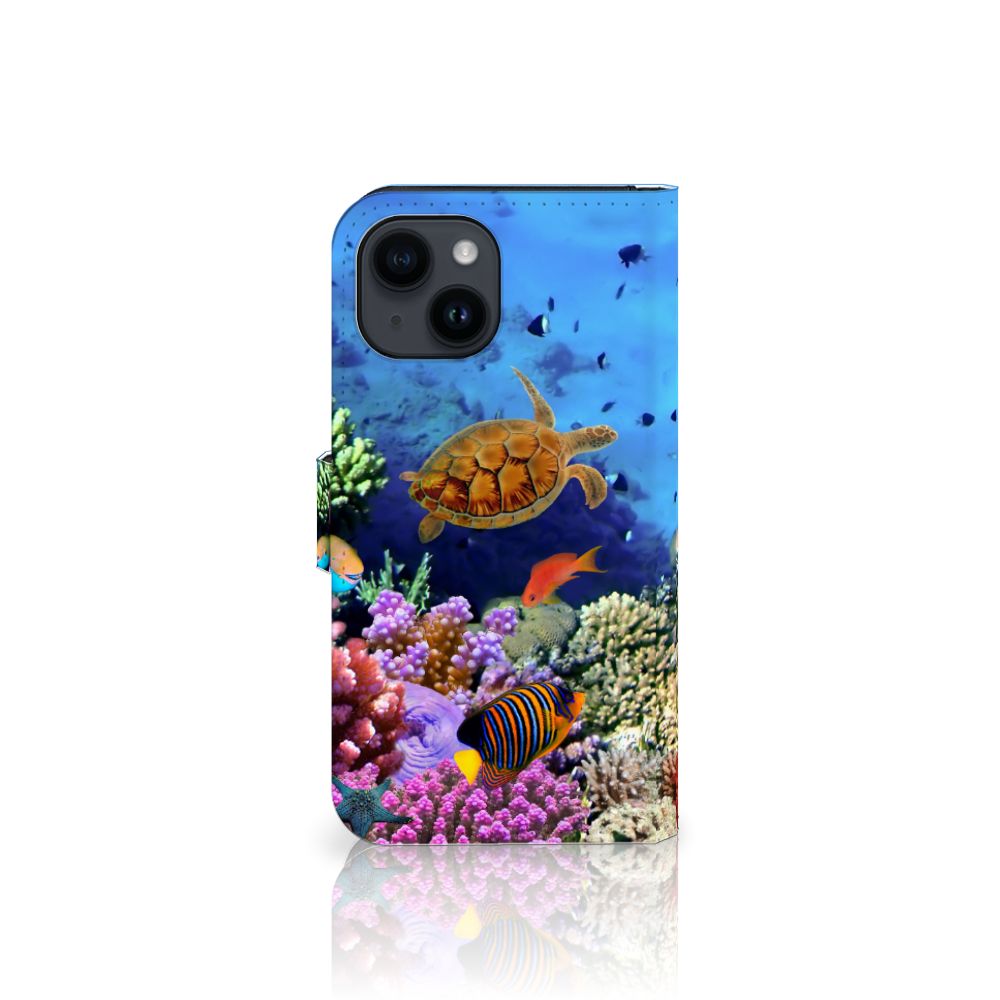 iPhone 15 Telefoonhoesje met Pasjes Vissen ontwerp zeeleven kleurrijk vooraanzicht