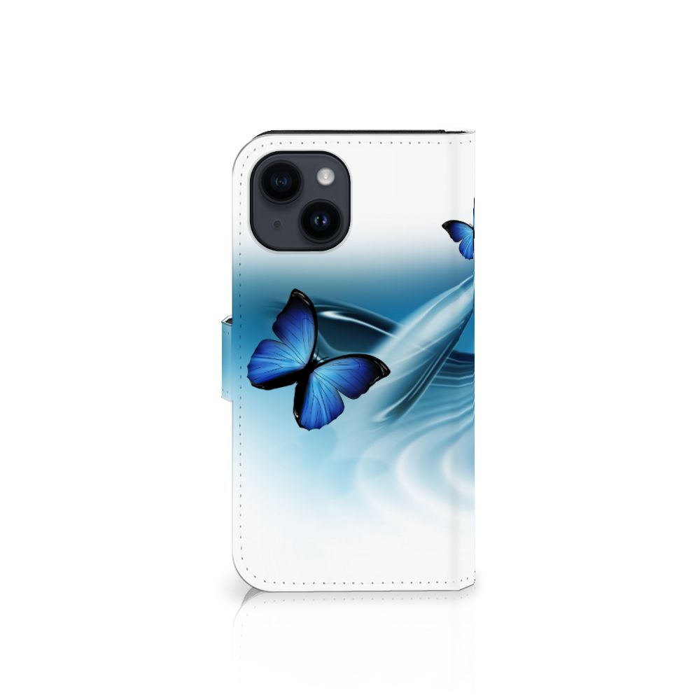iPhone 15 Telefoonhoesje met Pasjes Vlinders met blauwe vlinders en golven in een opvallend design.